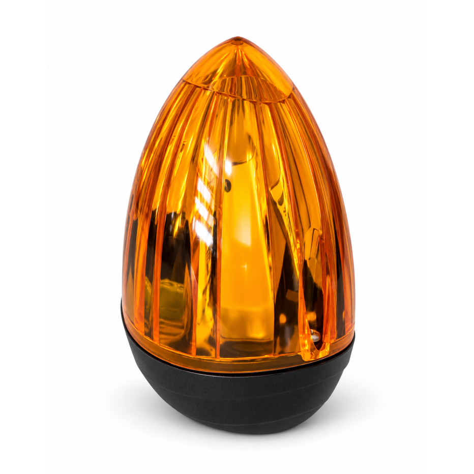 Avertisseur lumineux orange à LED de forme ovoïde avec socle noir, utilisé comme feu clignotant.