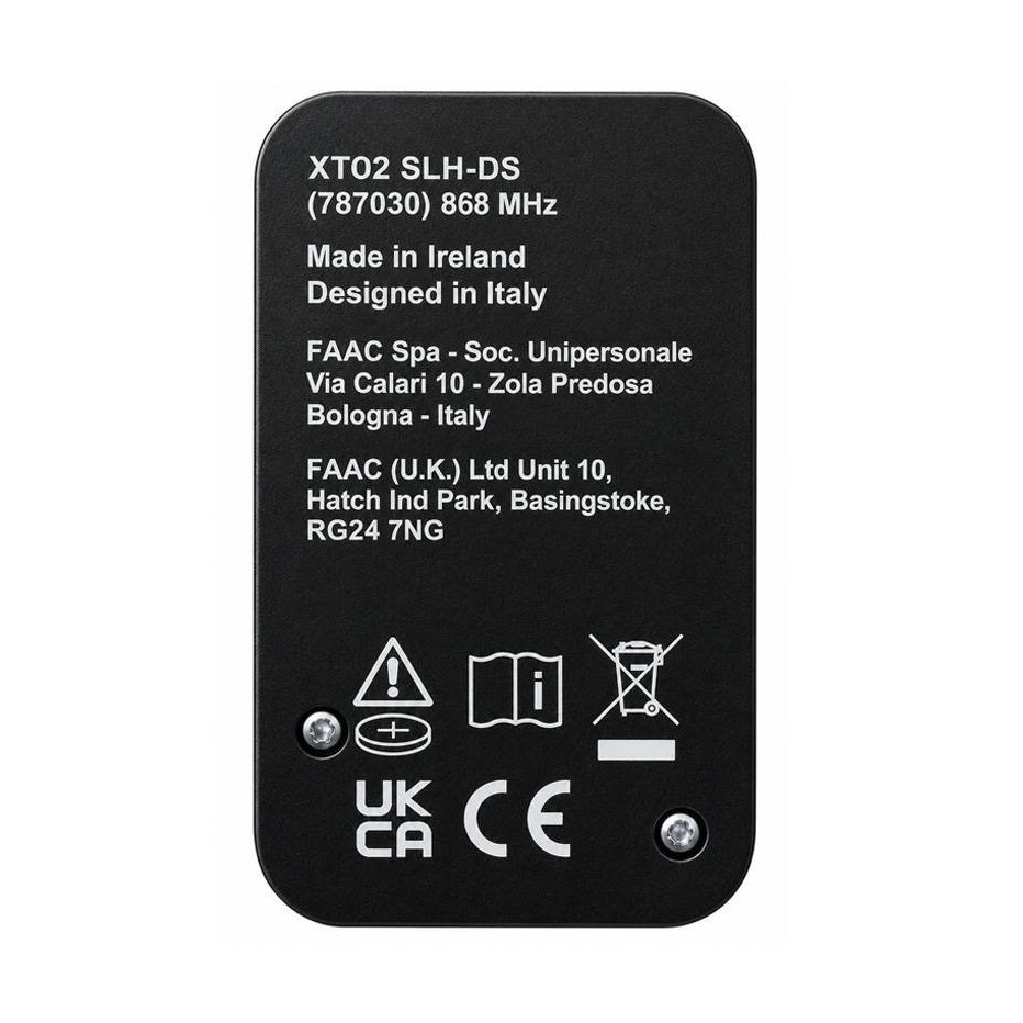 Télécommande FAAC XTO2 787030 868 MHz étiquette au dos