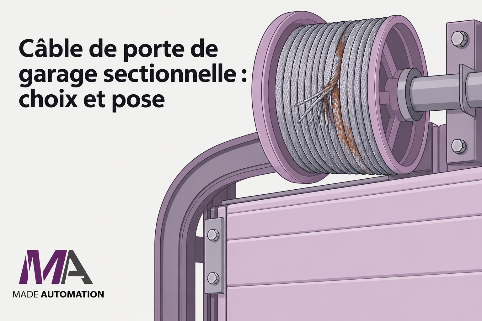 Câble de porte de garage sectionnelle enroulé autour d’un moule guidé par un moteur, prêt à être posé.