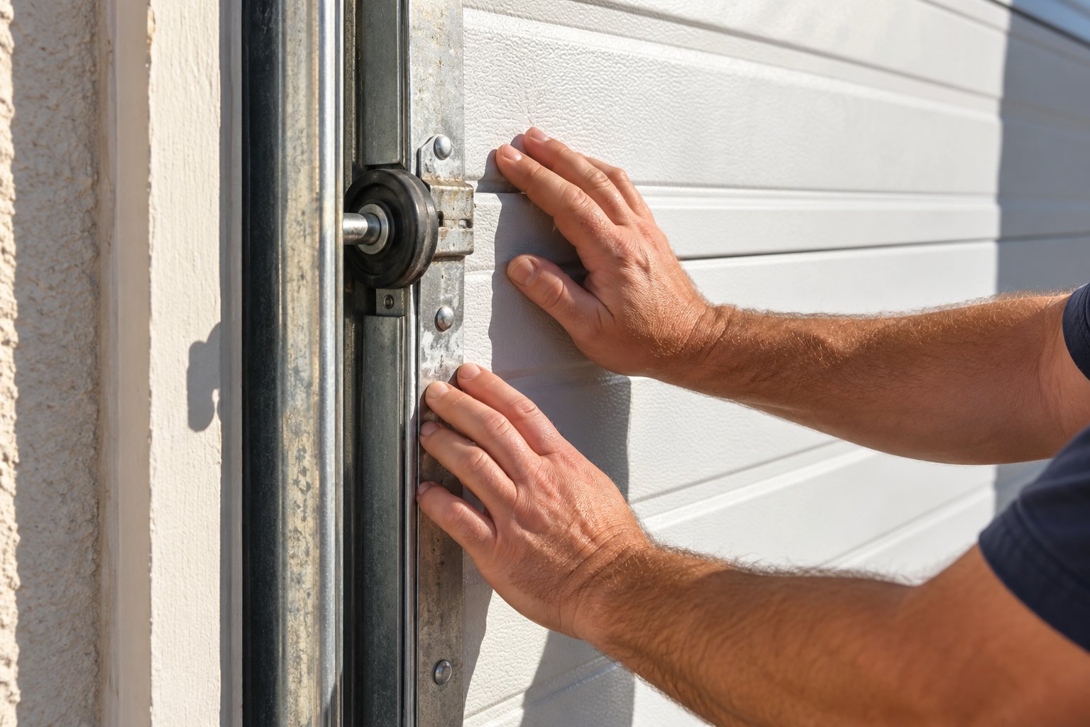 Deux mains manipulent et ajustent une roulette de porte de garage sectionnelle fixée au cadre métallique.