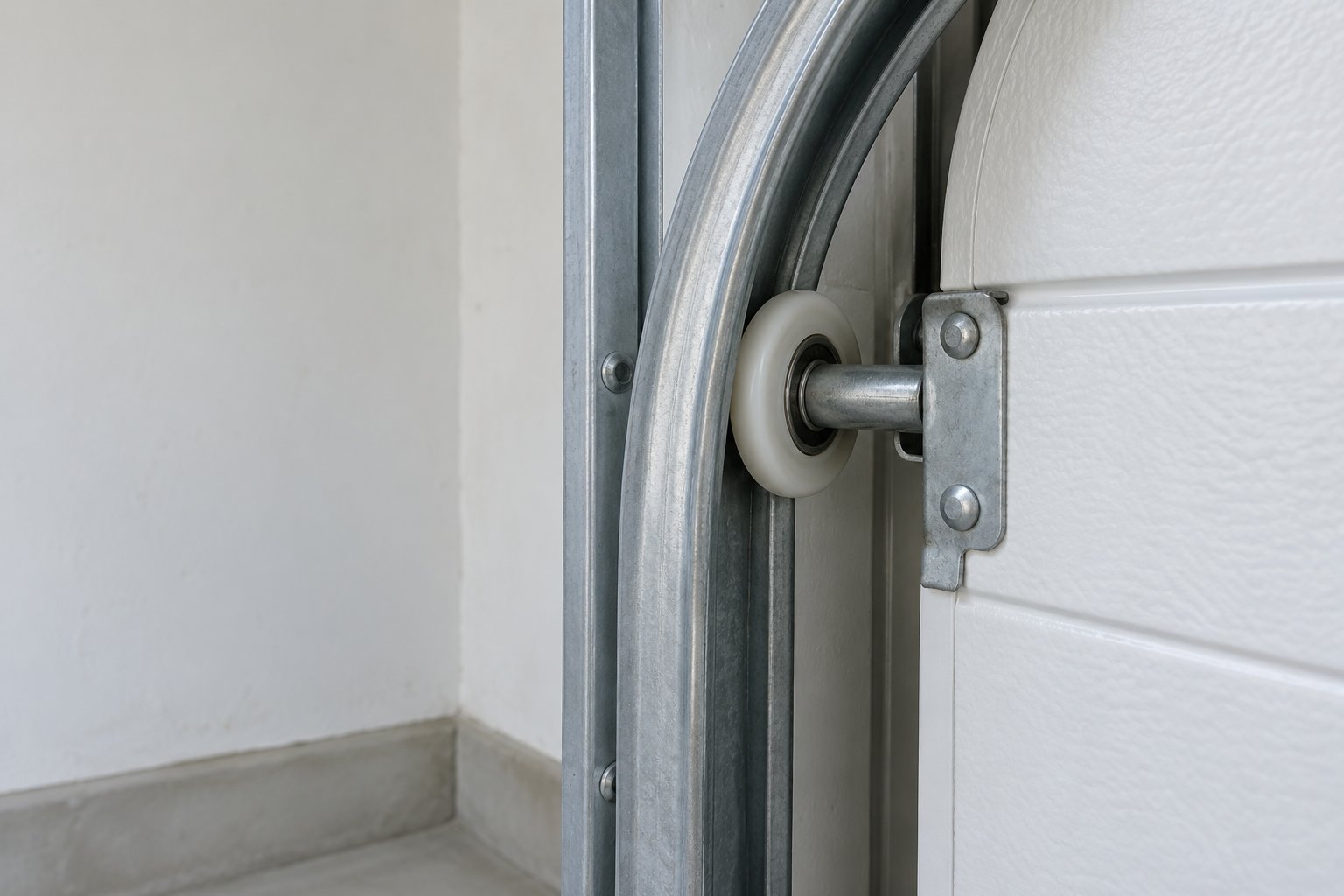 Galet de roue de porte de garage monté sur rail métallique près du cadre de porte.