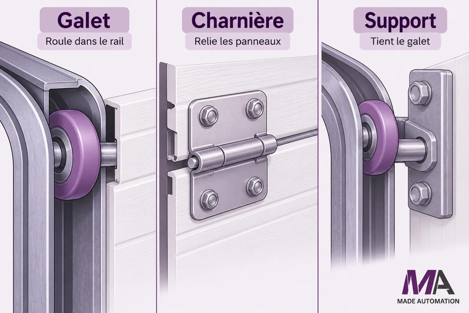 Galet violet roulant dans le rail près du mécanisme de porte de garage sectionnelle.