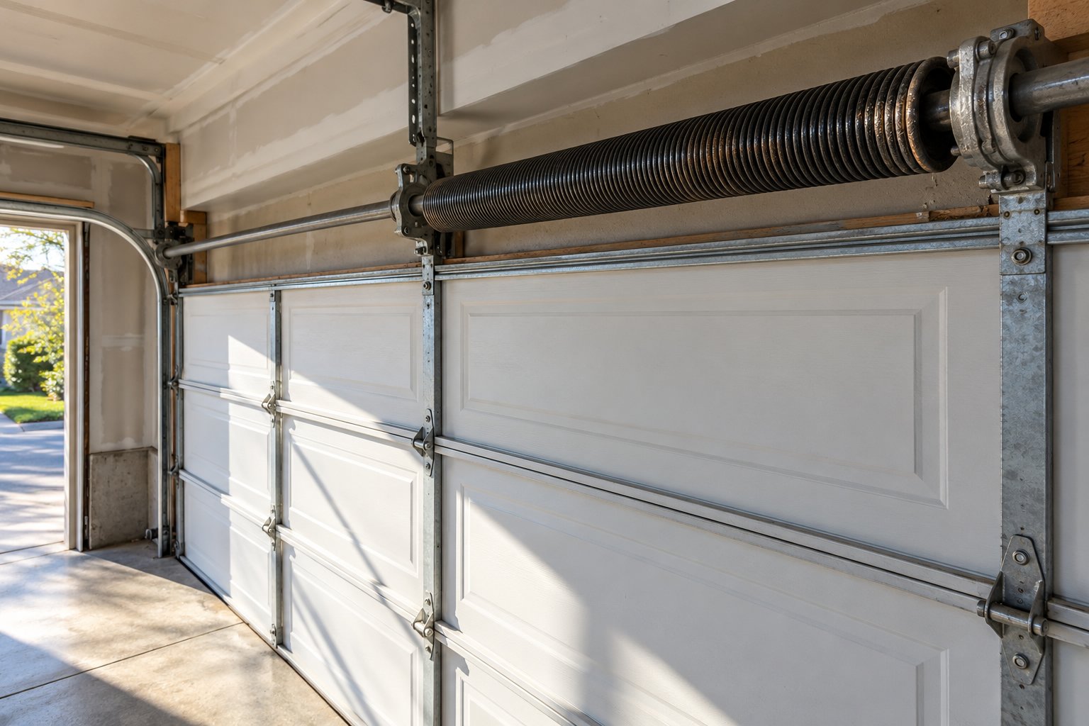 Gros plan d’un système de ressort et rails d’une porte de garage sectionnelle ouverte sur l’extérieur.