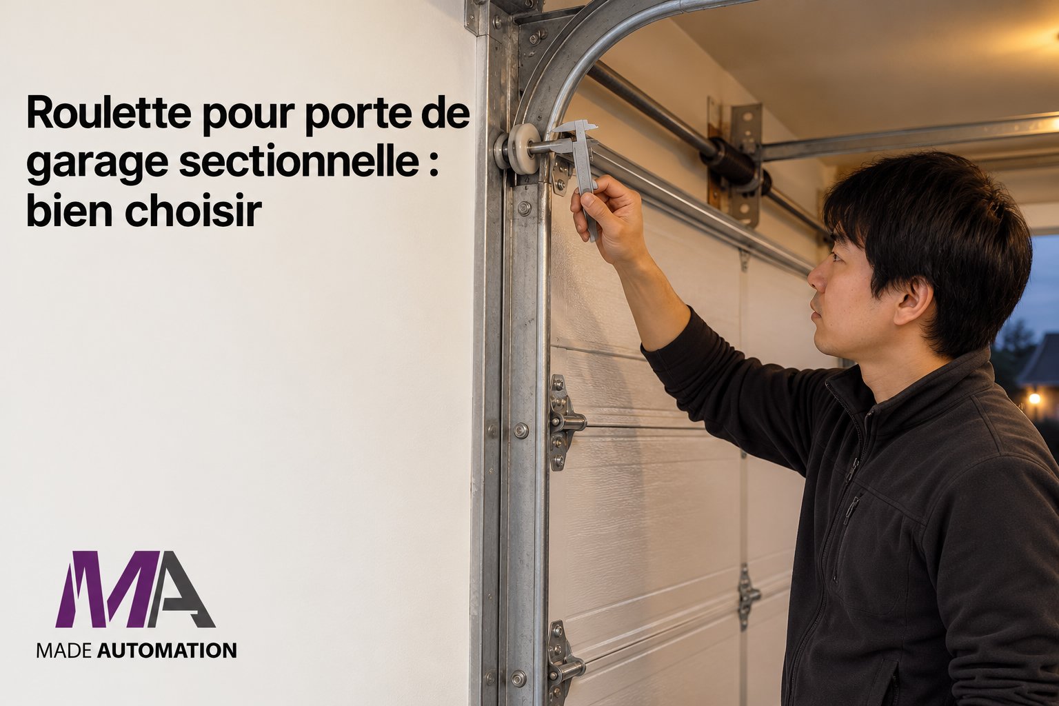 Un homme ajuste une roulette sur une porte de garage sectionnelle ouverte.