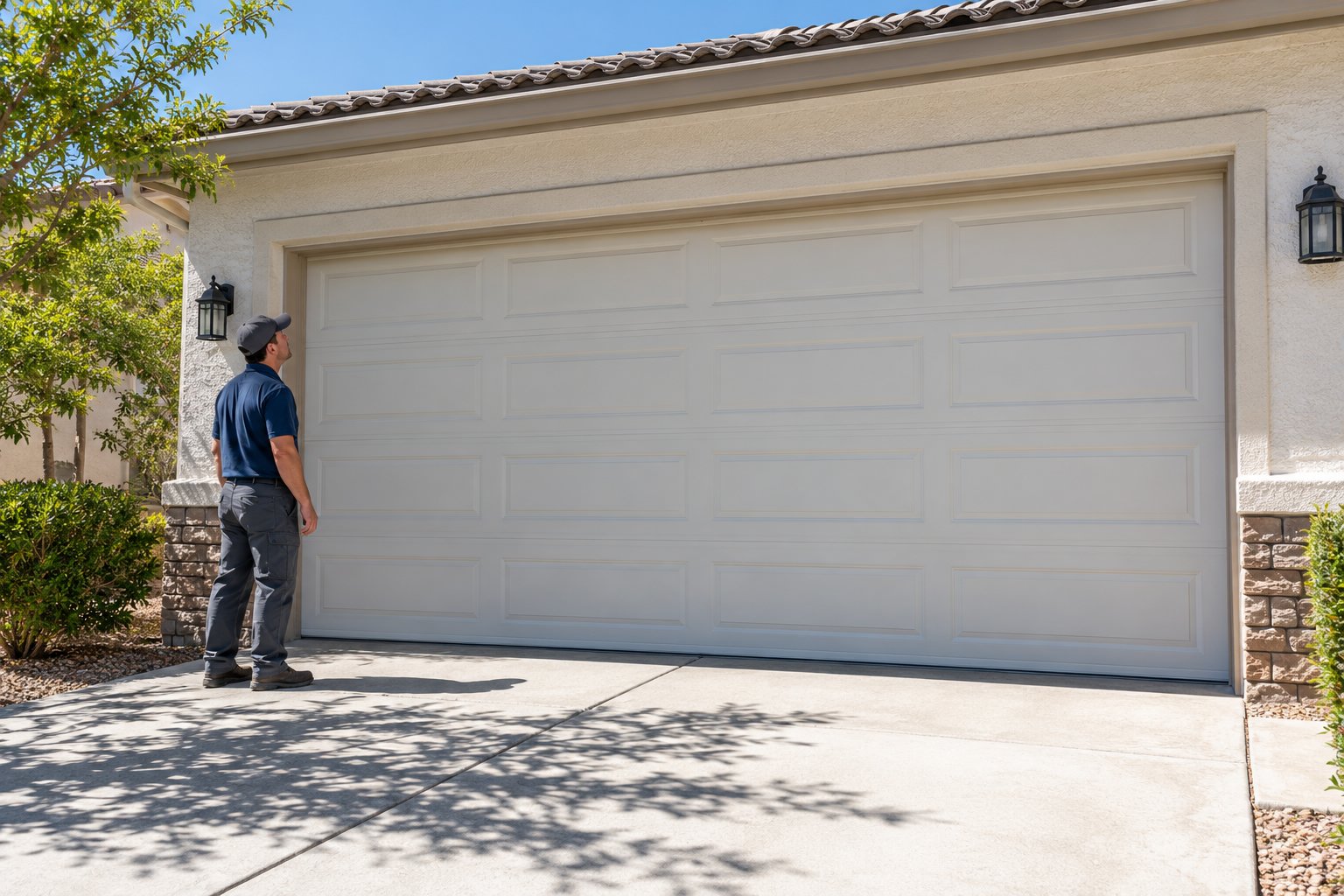 Un homme se tient devant une porte de garage sectionnelle blanche fermée, prêt à intervenir.