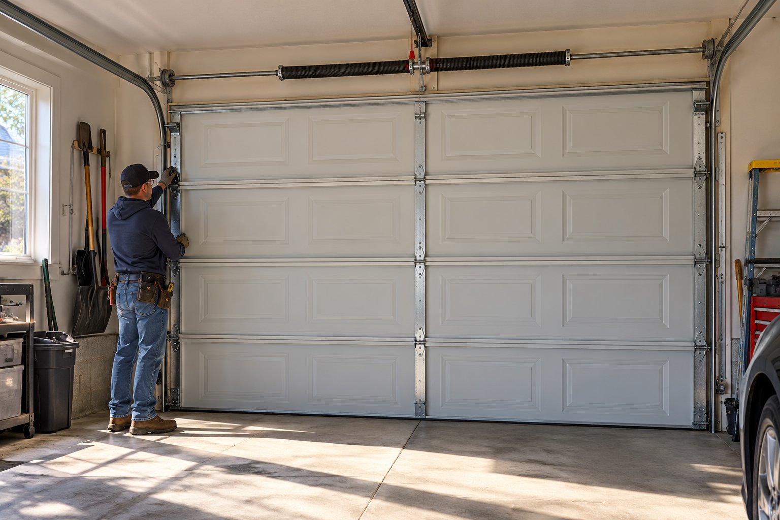 Un installateur examine et travaille sur une porte de garage sectionnelle dans un atelier.