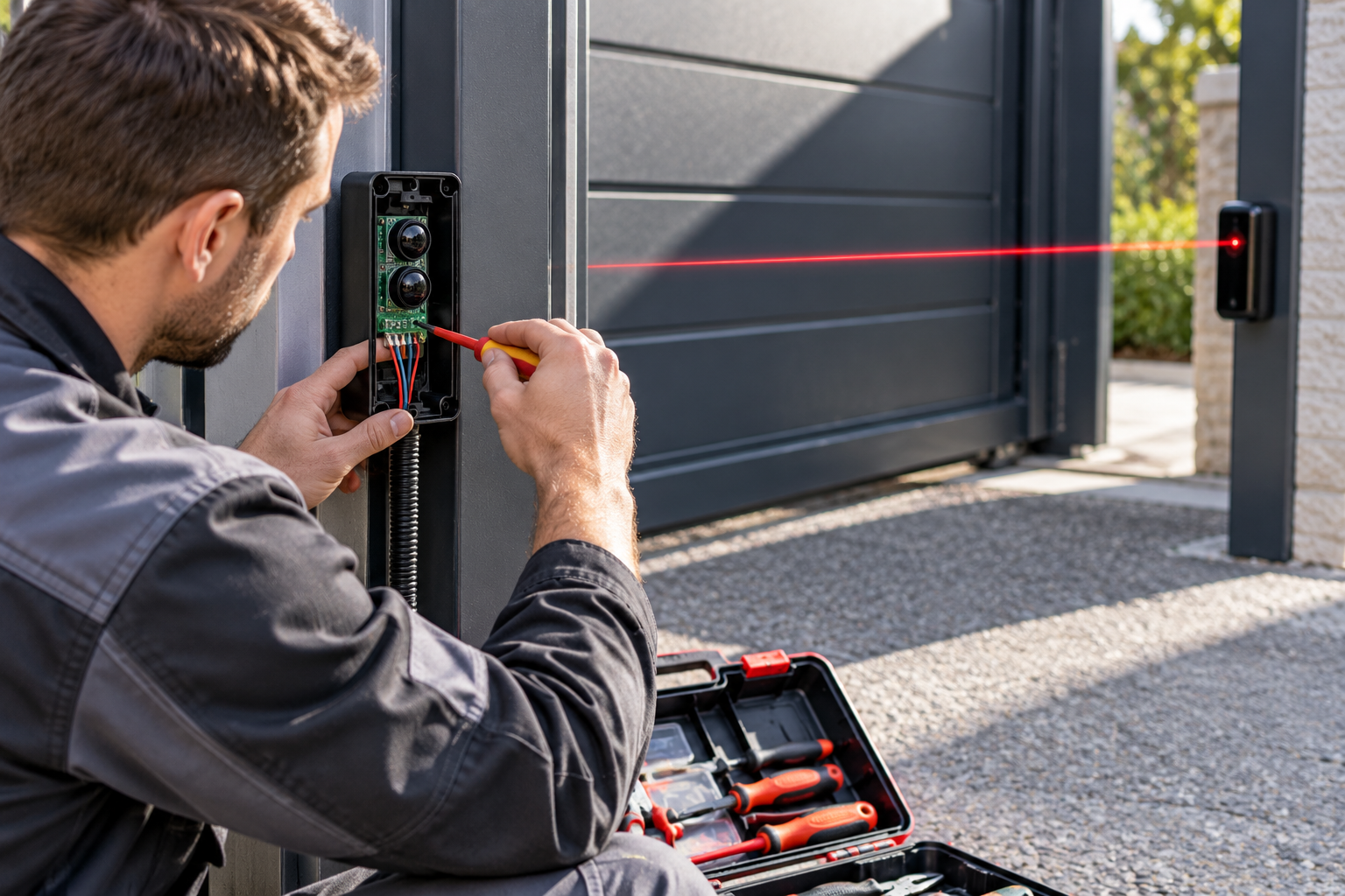 Installation d’un technicien ajustant un boîtier électronique de motorisation et laser de contrôle sur une porte de portail