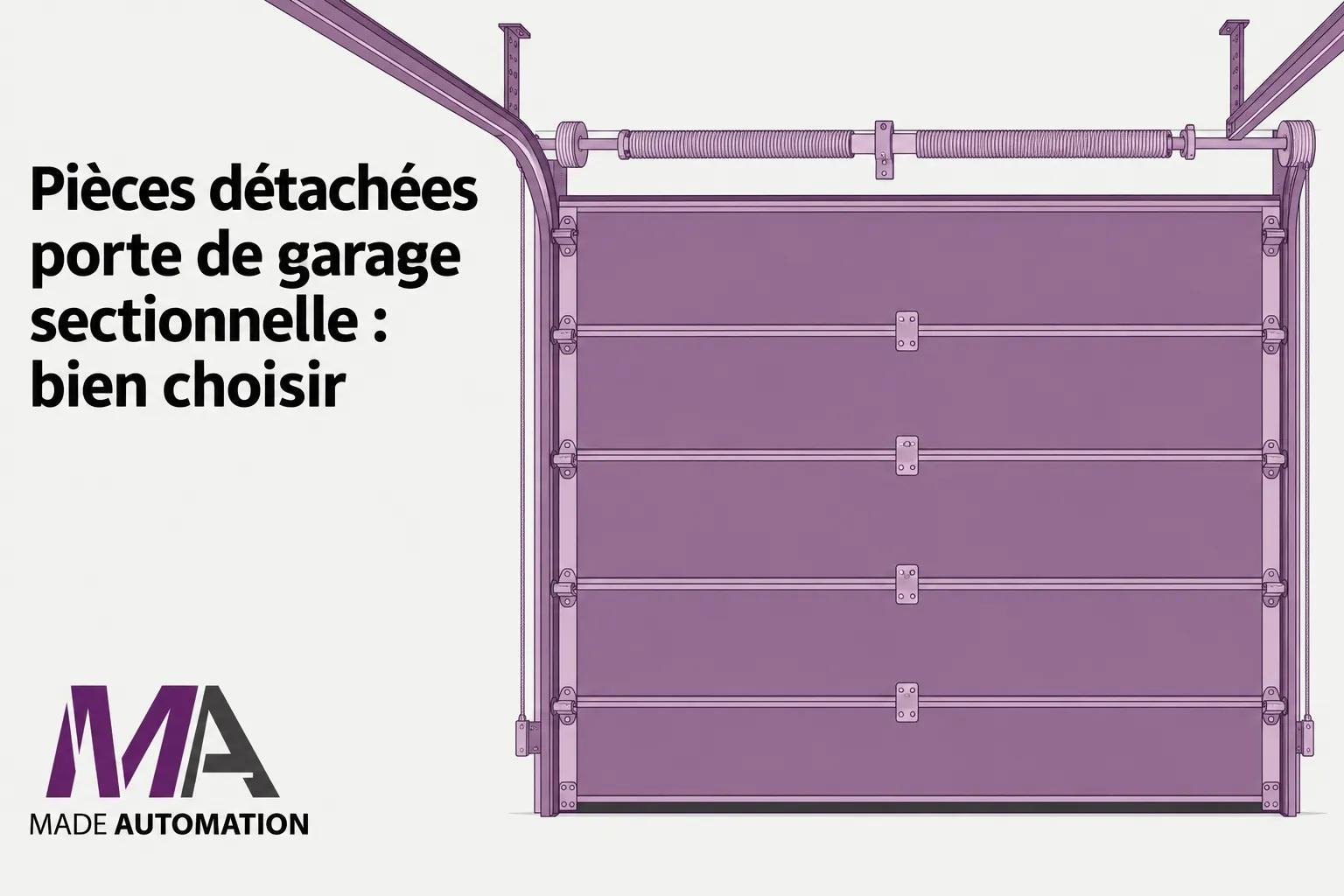 Portail de garage sectionnel violet affichant ses sections et rails avec mécanismes de fixation visibles.