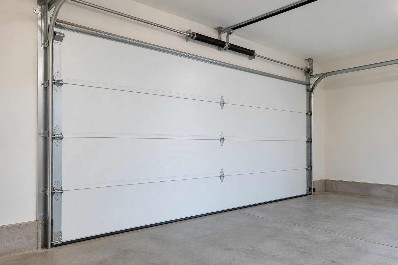 Porte de garage sectionnelle blanche avec rails et mechanism de roulement en haut.