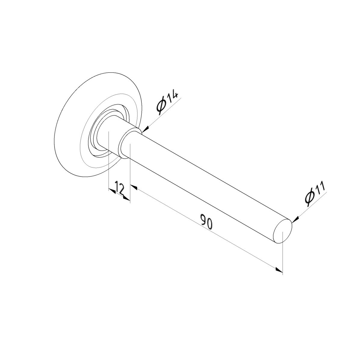 Schéma coté d'un galet de porte sectionnelle : tige de 11 mm de diamètre, 90 mm de longueur
